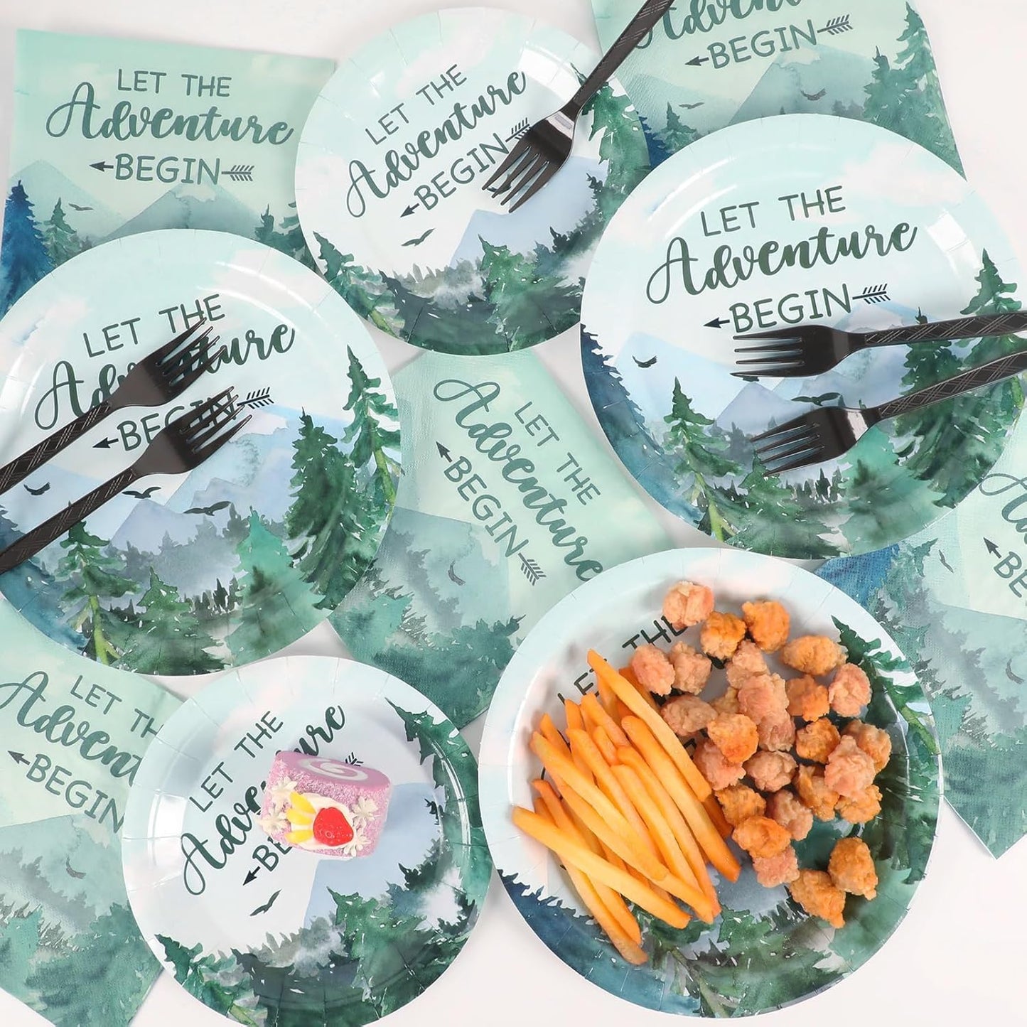 ZOIIWA 200 PCS Adventure Awaits Tableware Disposable Let The Adventure Begin Party Supplies Dinnerware Set Baby Shower Plates Napkins Birthday Party Decoration Serve 50 guest