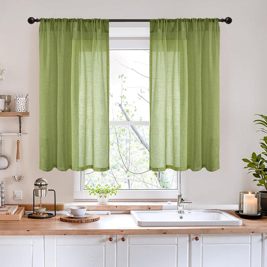 BGment 40 Inches Long Olive Green Linen Curtains for Short Window - Rod Pocket Small Drapes Textured Light Filtering for Cafe Bedroom Spring Lightweight Natural Rustic, 2 Panels Set, 42 X 40 Inch