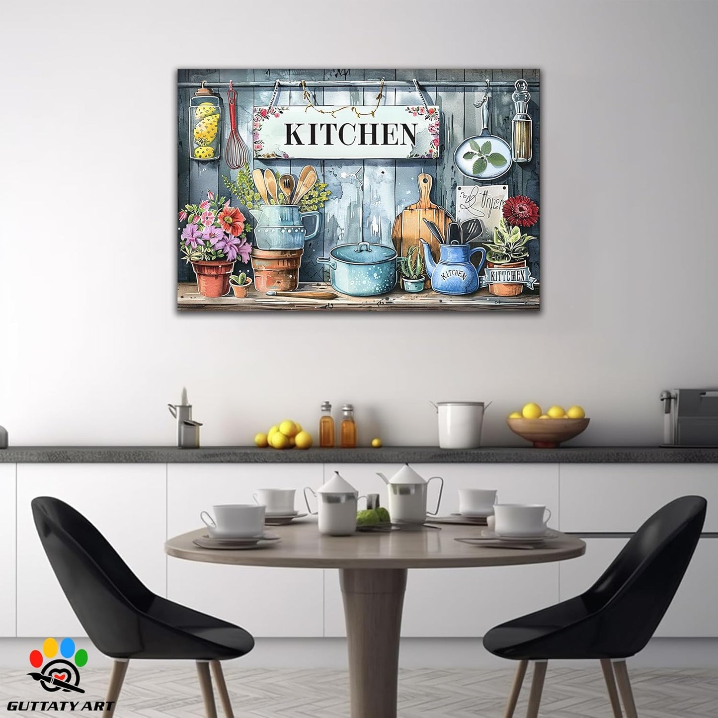 GUTTATY Kitchen Pictures Wall Decor, Farmhouse Wall Art Colorful Flowers and Various Spoons Painting for Dinning Room Restaurant Decor, Mother's Day Gift for Grandma Mom Hanging Artwork 28×40 Inch