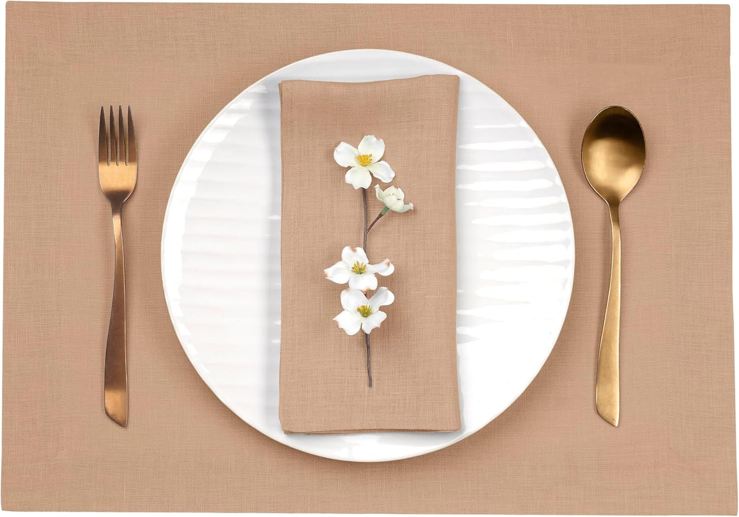D'Moksha Homes Linen Champagne Beige Placemats Set of 4-100% Pure Linen Placemats 14 x 19 Inch for Fall, Autumn and Halloween - Handcrafted and Machine Washable