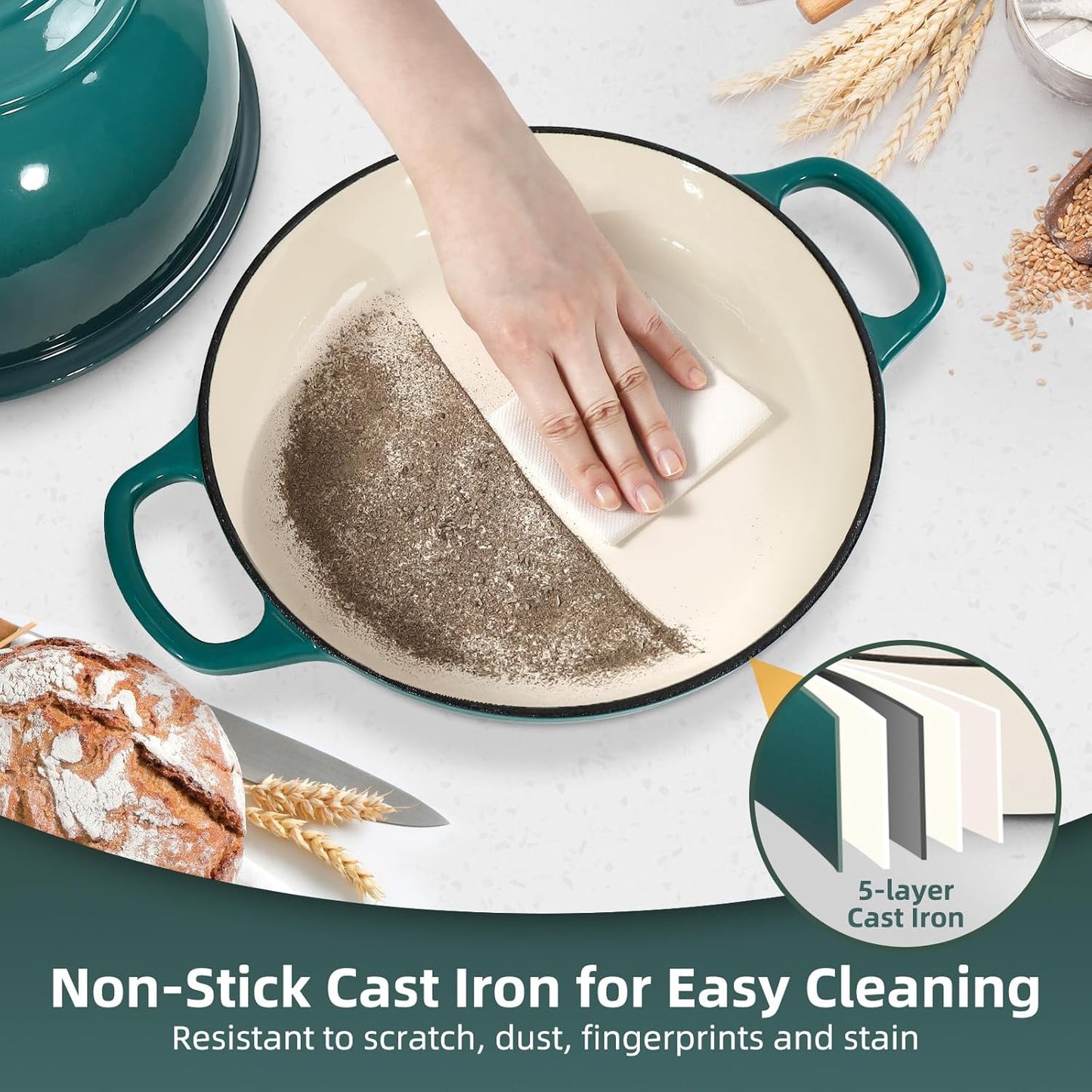 Davivy 5.5QT Enameled Cast Iron Dutch Oven with Lid, Dutch Oven for Sourdough Bread, 10" Round Sourdough Bread Oven, Bread Cloche for Bread Baking, with Silicone Baking Mat - Gradient Teal