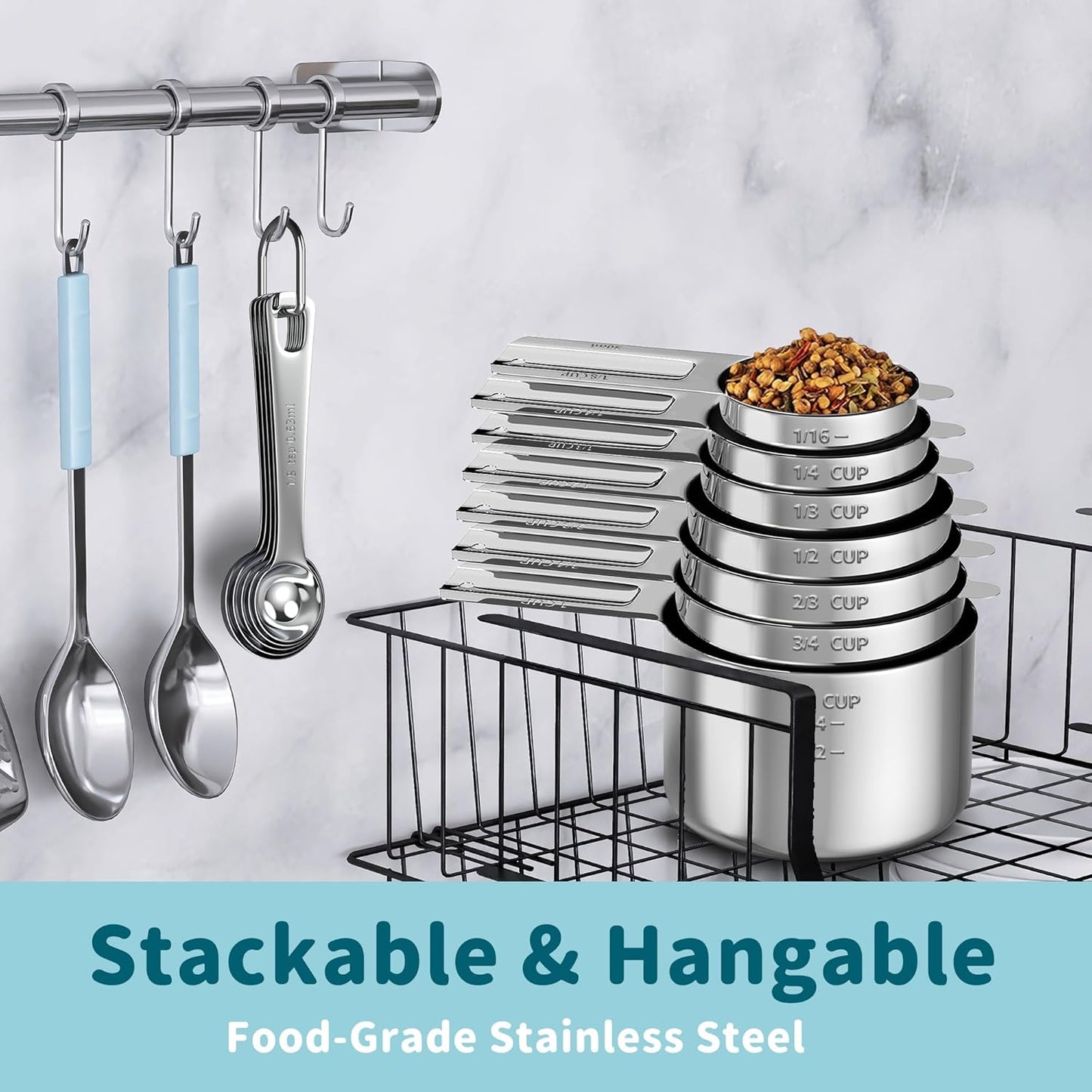 Measuring Cups and Spoons Set, Stainless Steel Measuring Cups Measuring Spoons with Easy to Read Markings, Ideal Kitchen Gadgets for Cooking & Baking, 13 Pack