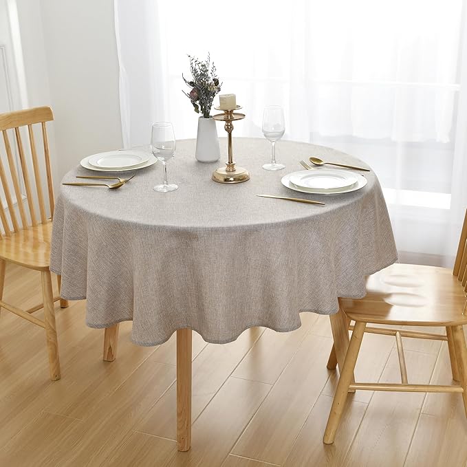 JIUZHEN Round Textured Table Cloth Linen Wrinkle Free Stain Resistant Farmhouse Decorative Circular Tablecloth for Kitchen, Dining, Party, Wedding, Outdoor Use (45 Inch Round,Stone)