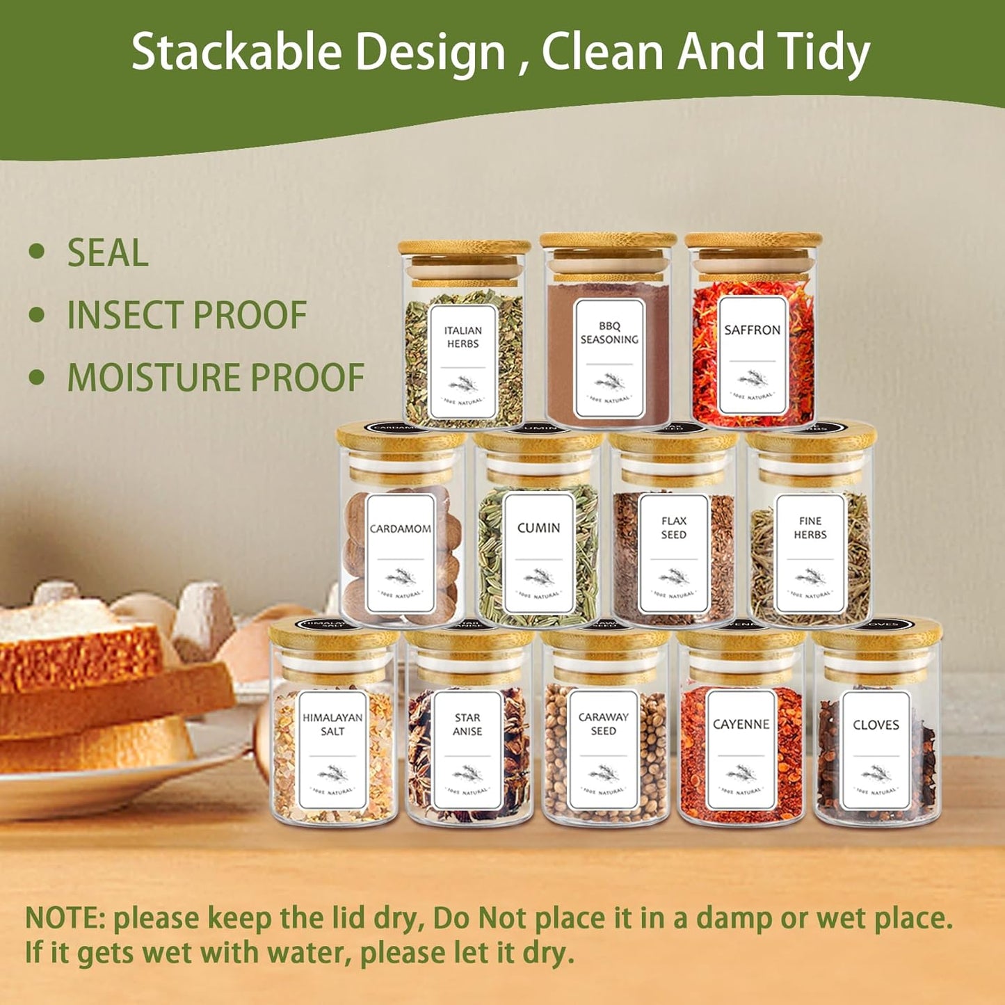 SLifeJars-Spice Jars with Label, 4 oz 24 pcs Spice Containers Glass Jars with Bamboo Lids, Seasoning Containers Bottles, Airtight Empty Glass Jars for Spice Rack,Drawer,Cabinet,Pantry