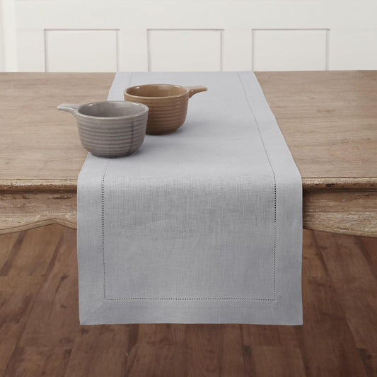 Solino Home Linen Soft Grey Table Runner 108 Inches Long - 100% Pure Linen 14 x 108 Inch Table Runner for Fall, Autumn, Thanksgiving, Christmas - Classic Hemstitch
