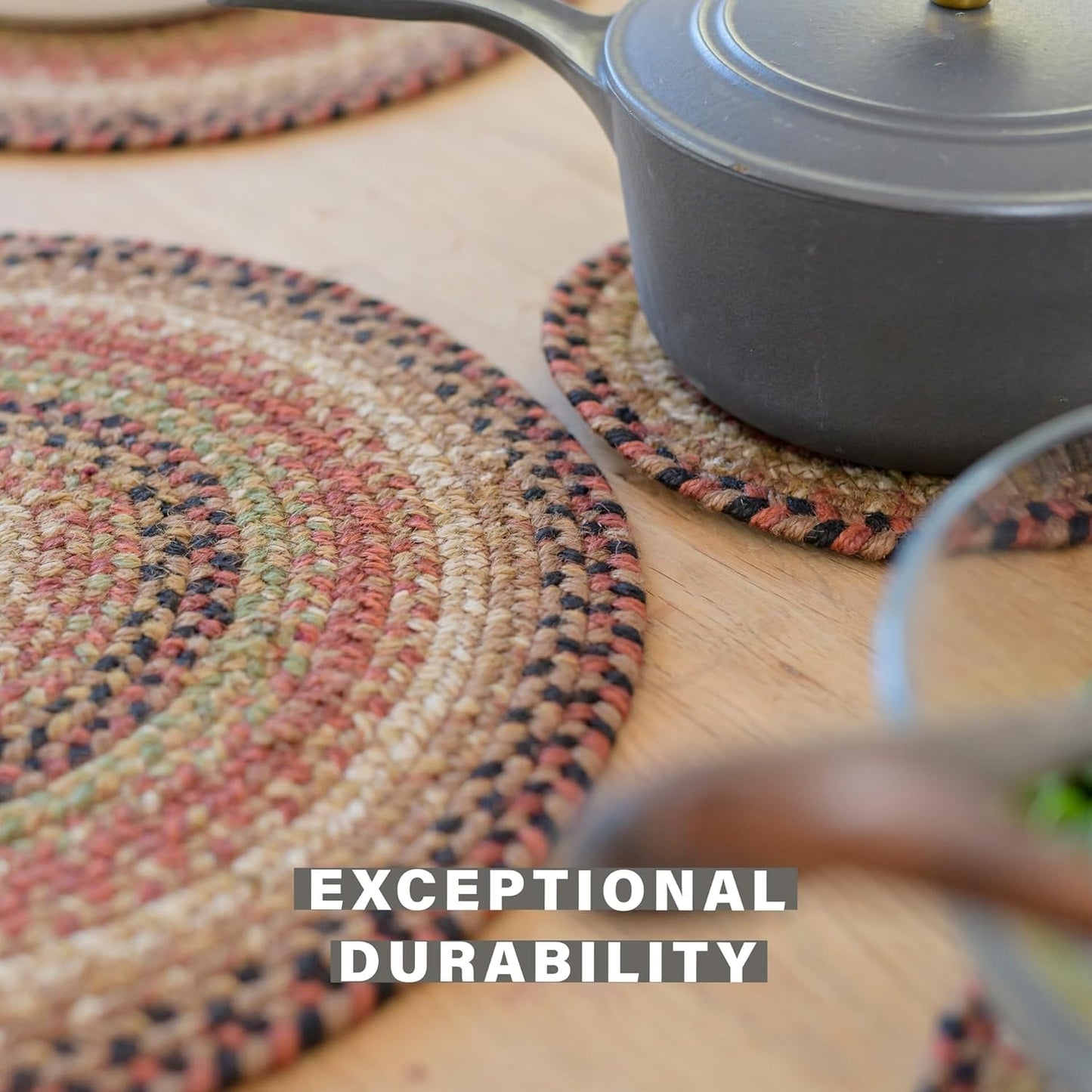 Gingerbread Jute Braided Kitchen Trivets for Hot Dishes, Warm Country Decor, Set of 6, Brown 8" Round Heat Resistant Mats - Rich Colors, Easy to Clean, Durable and Protects Furniture