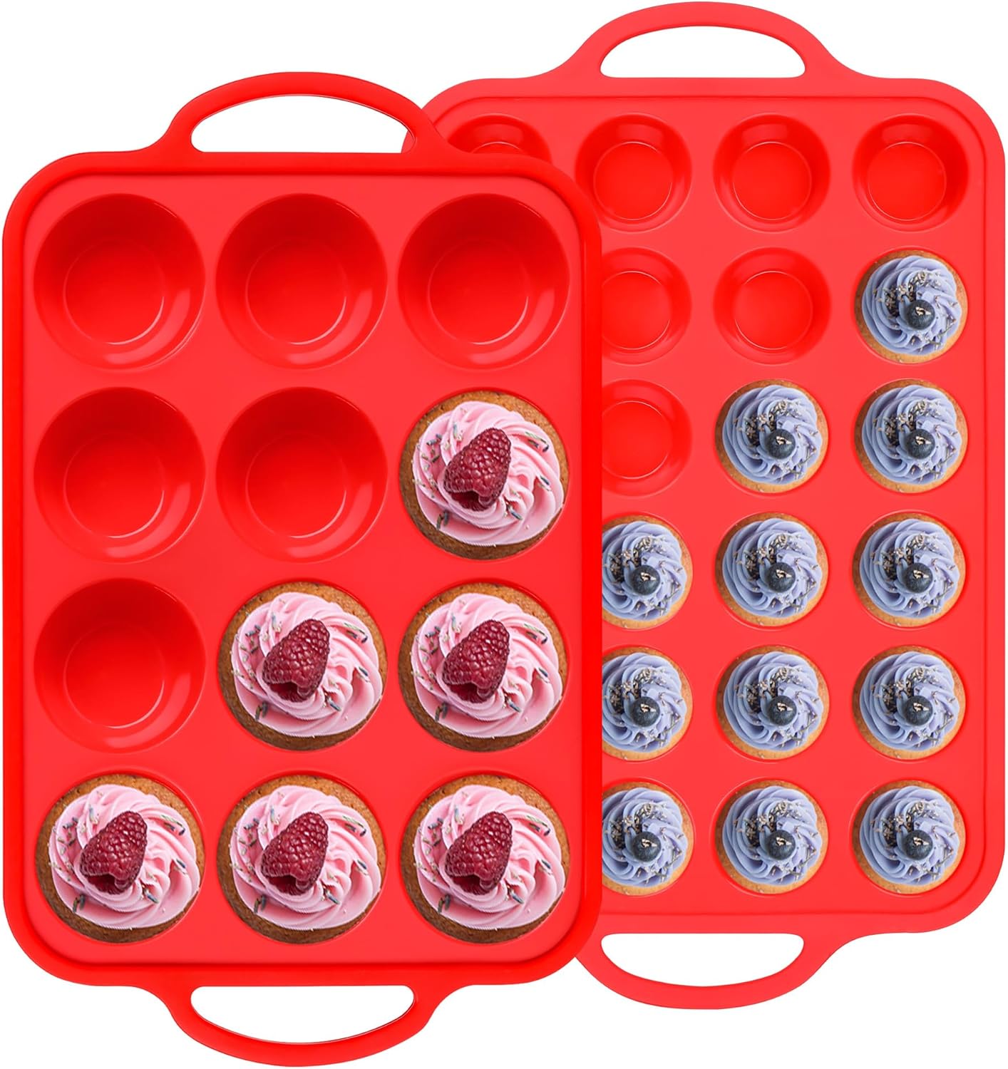 Regular 12 Cup and Mini 24 Cup Nonstick Cupcake Pan Set Silicone Muffin Pan for Baking Silicone Cupcake Mold with Metal Reinforced Frame BPA Free (2 Pcs, Red)