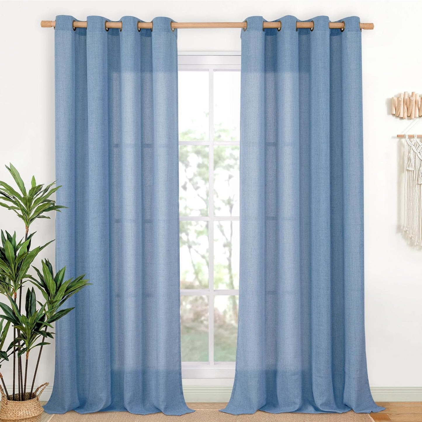 YoungsTex Denim Blue Linen Curtains 95 Inch Length for Living Room, Semi Sheer Window Drapes with Bronze Grommet Privacy Light Filtering for Farmhouse Office Bedroom, 52 x 95 Inch, 2 Panels