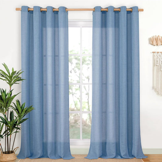 YoungsTex Denim Blue Linen Curtains 95 Inch Length for Living Room, Semi Sheer Window Drapes with Bronze Grommet Privacy Light Filtering for Farmhouse Office Bedroom, 52 x 95 Inch, 2 Panels