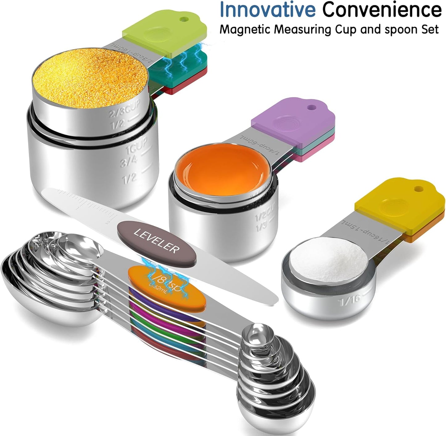 Magnetic Measuring Cups and Spoons Set, 8 Nesting Stainless Steel Measuring Cup Set with Easy to Read Markings, 7 Magnetic Measuring Spoons & 1 Leveler for Measuring Dry or Liquid Ingredients
