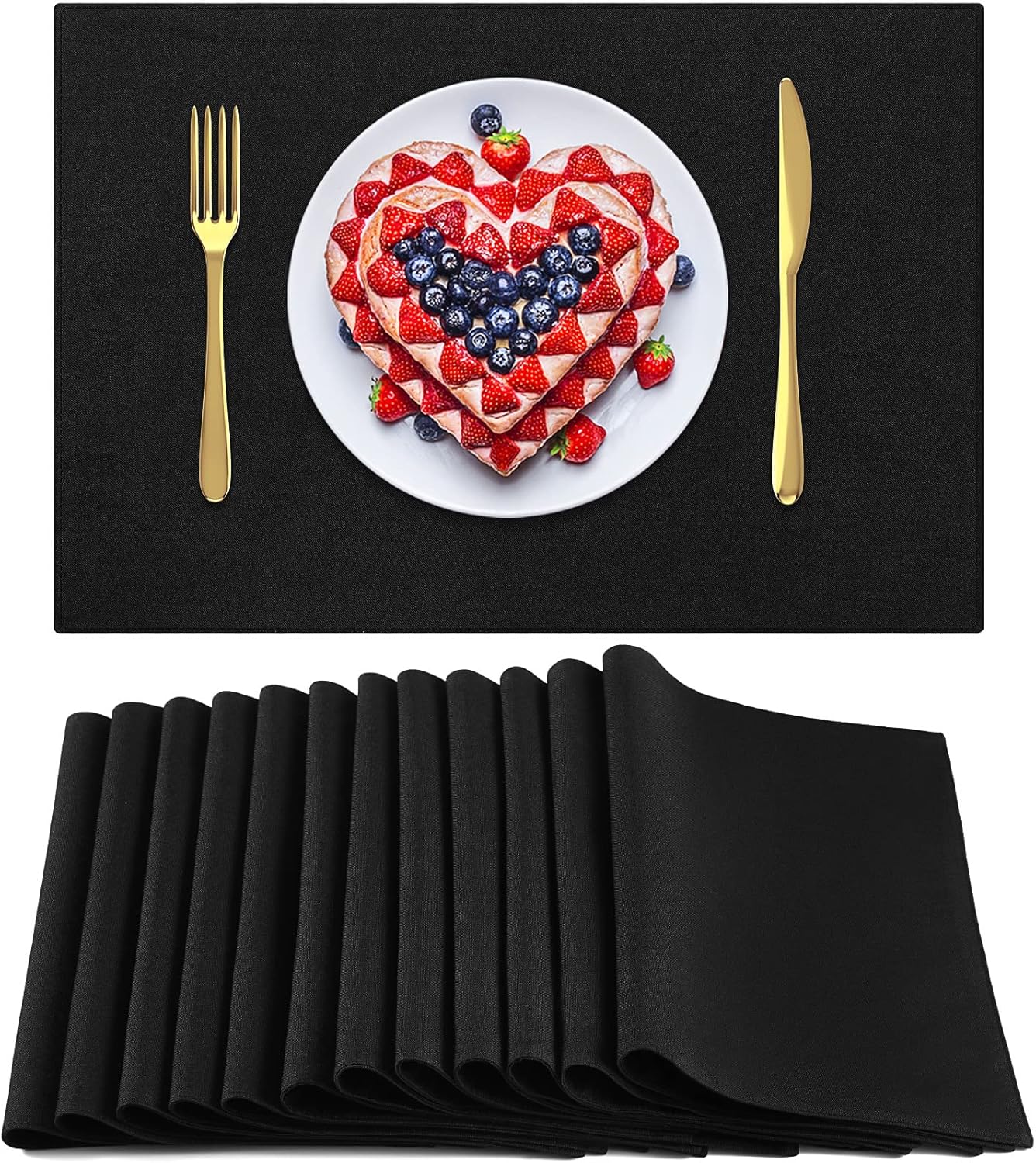 Sieral Cloth Placemats Set of 12 Rectangle Dining Table Placemats Bulk 13 x 19 Inch Machine Washable Heat Resistant Cotton Linen Table Mats for Wedding Baby Shower Birthday Party Supplies(Black)