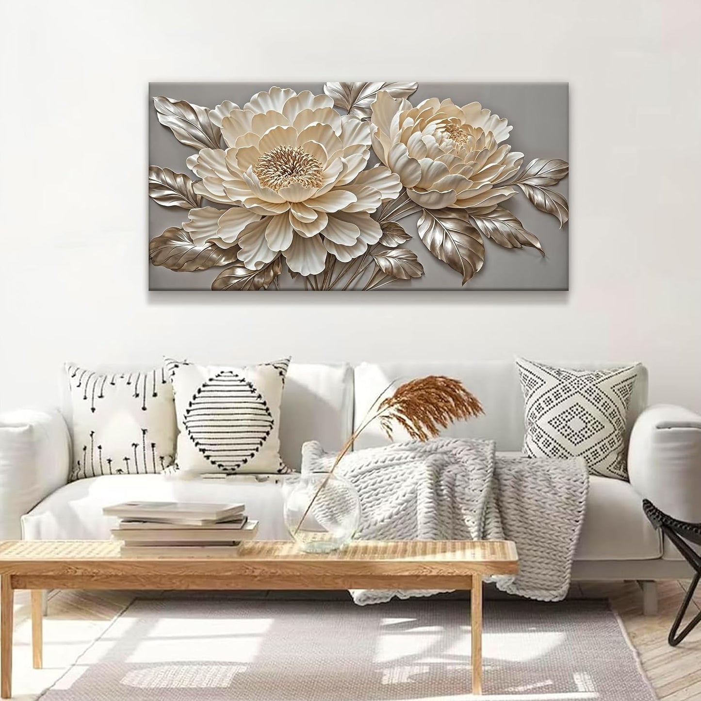 Tsomzxng Modern Wall Art White Wall Art Minimalist Elegance Canvas Art Wall Decor Painting Artwork White Flower Wall Decor Prints Pictures For Bedroom Office Home Decoration 20" X 40"