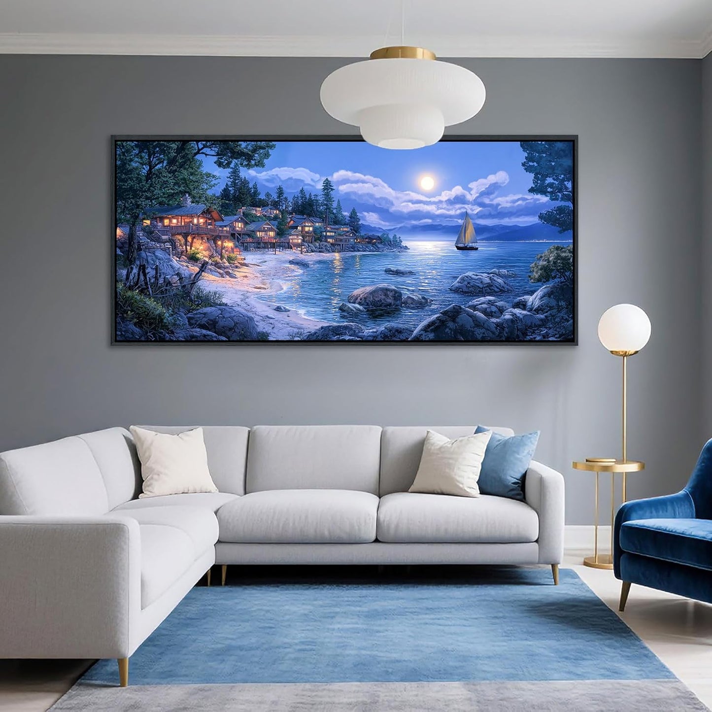 CHATYOUNG Large Beach Wall Art, Blue Sea Ocean Night Landscape Framed Painting Coastal Moon Modern Pictures Artwork for Bedroom Living Room Kitchen Home Office Wall Decor 71"x32"