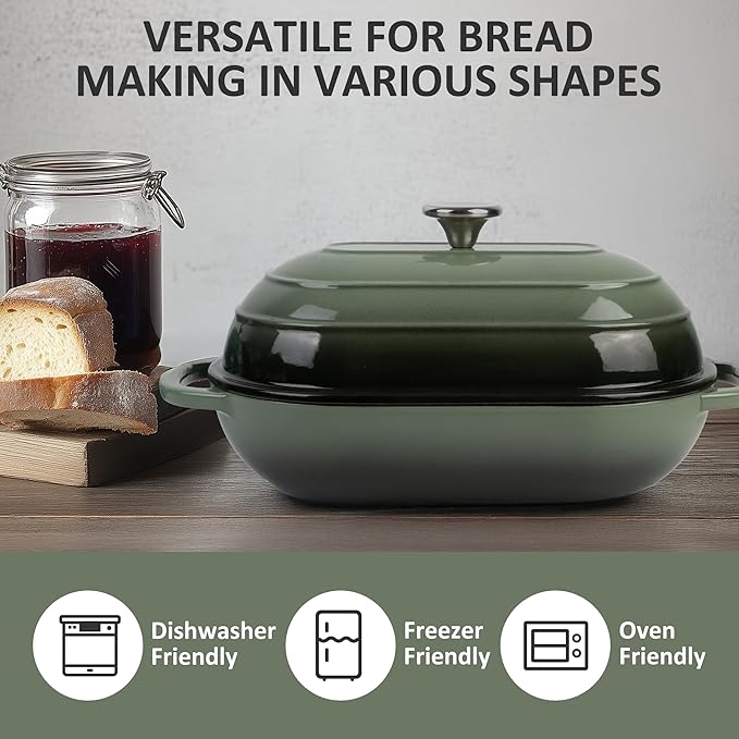 Premium Enameled Cast Iron Dutch Oven for Bread Baking | Non-Stick 2QT Oval Bread Oven with Lid | Perfect for Sourdough, Loaf, and Artisan Baking (Oval Green, 5 QT)