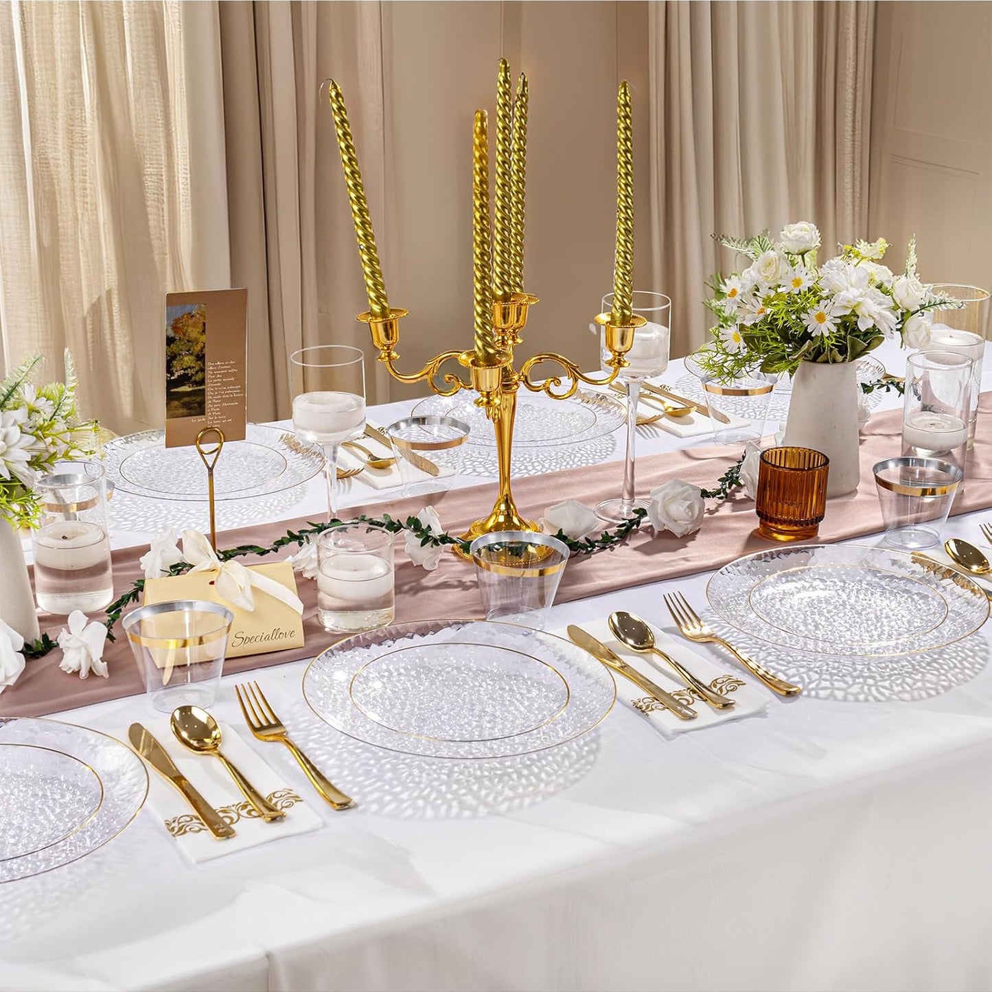 DaYammi 175PCS Clear Gold Plastic Dinnerware Set, Thanksgiving Plates Disposable Hammered Disposable Plates for Party, Include: 25 Dinner Plates 25 Dessert Plates 75 Gold Silverware 25 Napkins 25 Cups