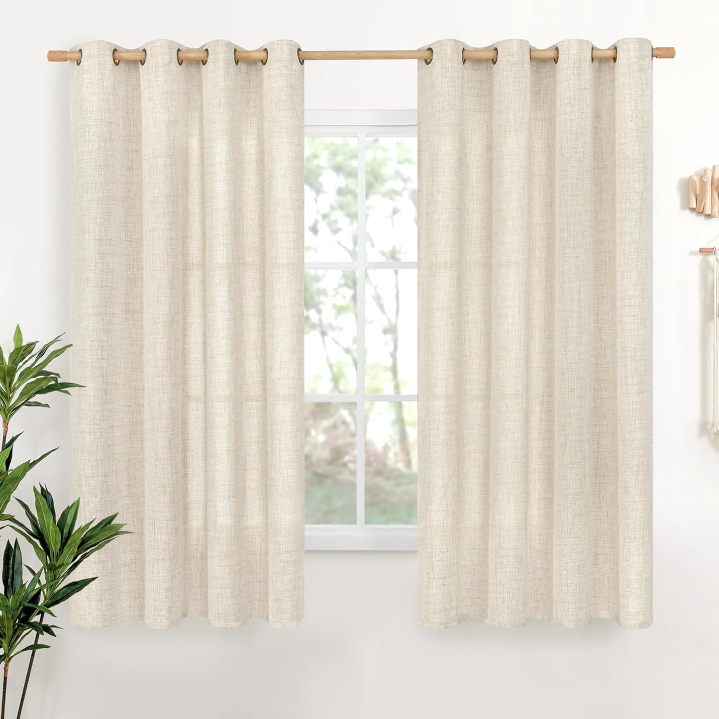 YoungsTex Linen Semi Sheer Curtains 63 Inch Length 2 Panels for Living Room Window - Cream Light Filtering Drapes with Bronze Grommet Textured Rustic for Country Bedroom, 52 x 63 Inch
