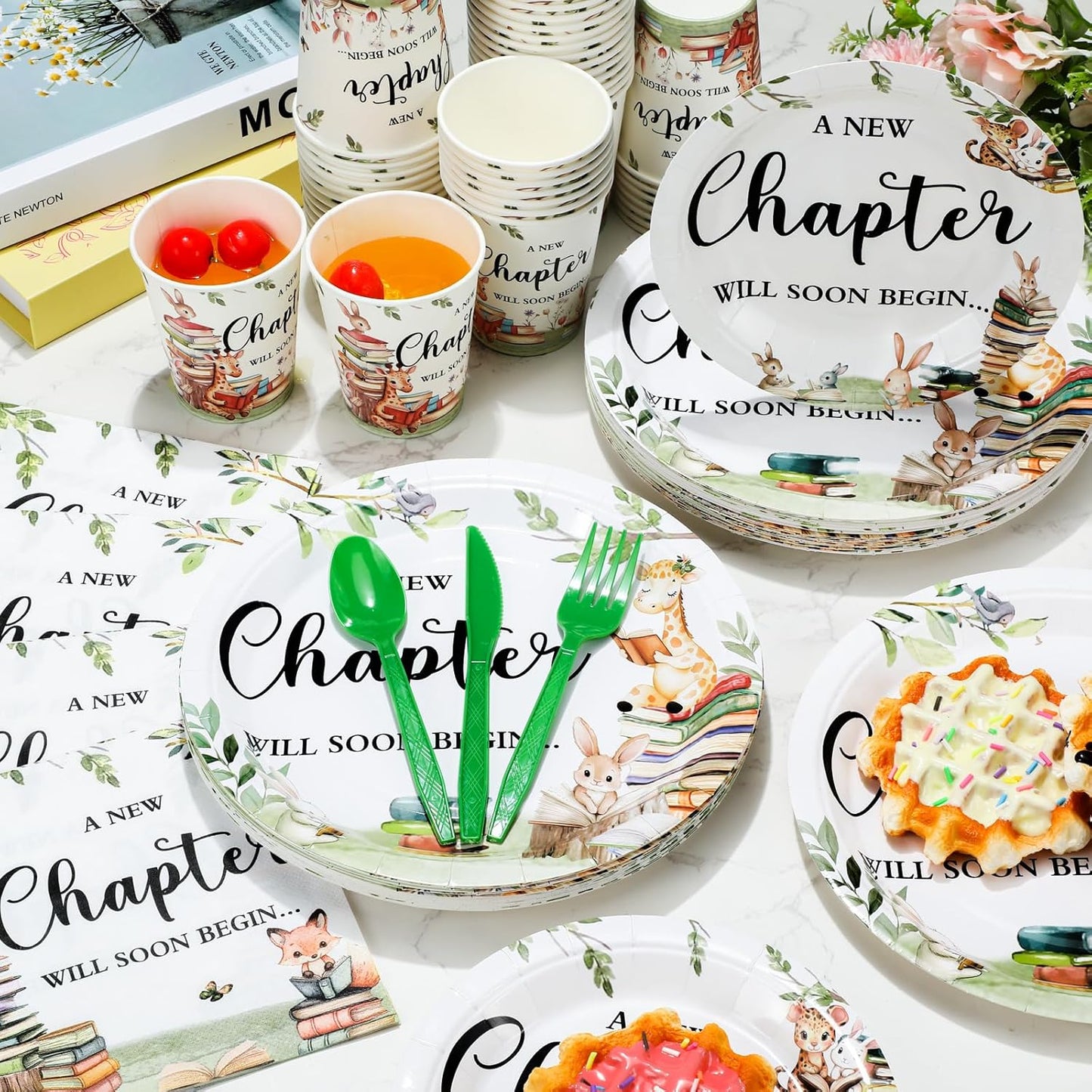 Dandat 350 Pcs Baby Shower Plates Set Baby Shower Party Supplies Serves 50 Tableware Sets Include Plates Napkin Cup Forks Knives Spoons Disposable Dinnerware(Storybook,Green)