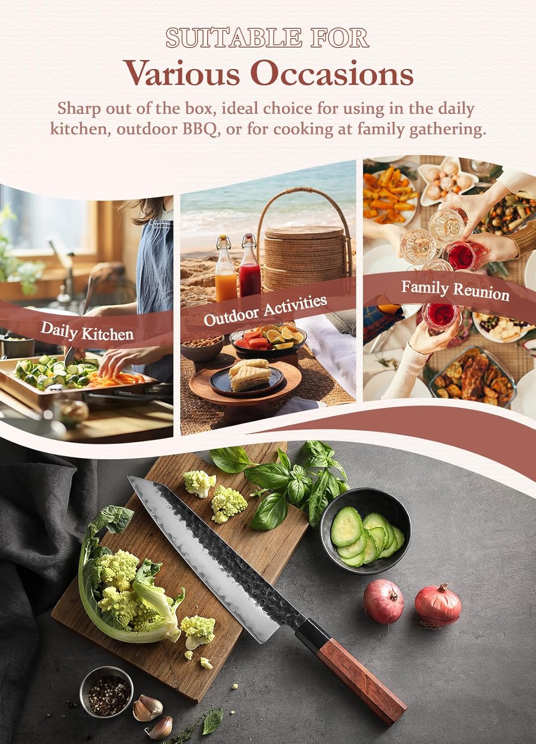 HEZHEN Kiritsuke Knife,9.5 Inches,3 Layers High Carbon Clad Steel Japanese Knife, Professionl Professional Japanese Kitchen Knife, Redwood Octagonal Handle