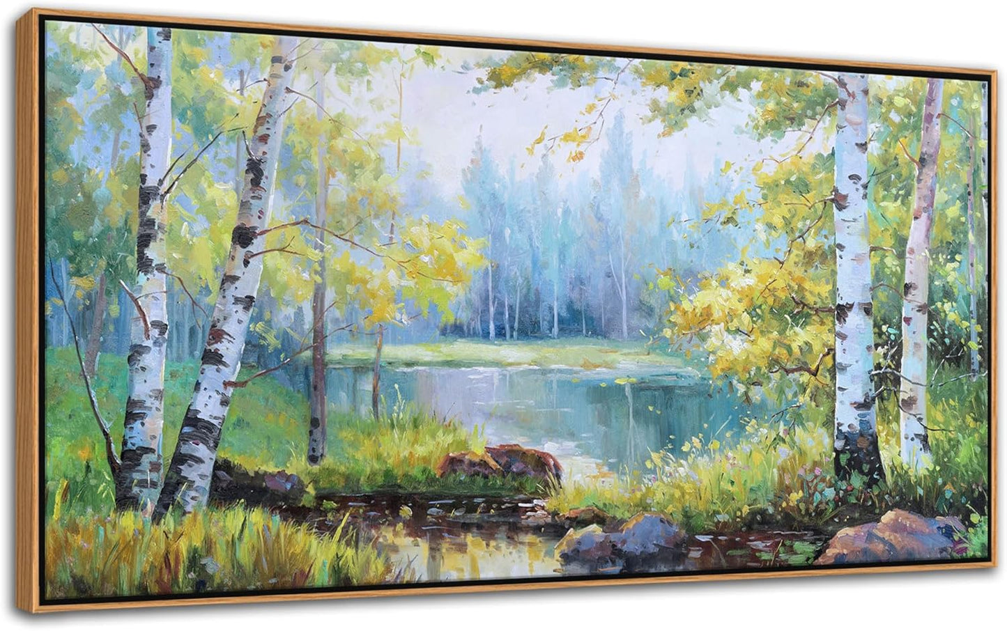 YCPRIMER Forest Wall Art - Birch Tree Canvas Wall Decor Green Trees Picture for Living Room Lake Forest Landscape Painting Home Bedroom Decoration Green and White Framed Artwork Decor 24×48IN