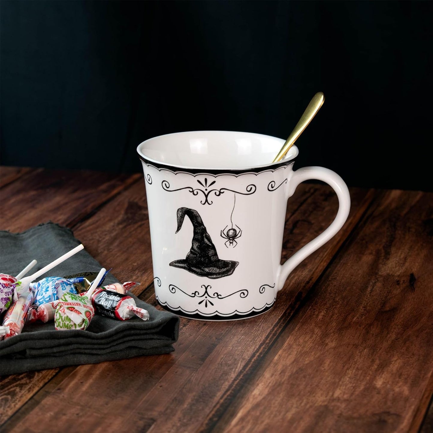 222 Fifth Elegant Haunting 4-Piece White Porcelain Halloween Mug Set - Witch Hat, Jack-o’-Lantern, Potion Bottles & Spider - 20.29 oz, Large Capacity Coffee Cups, Dishwasher & Microwave Safe