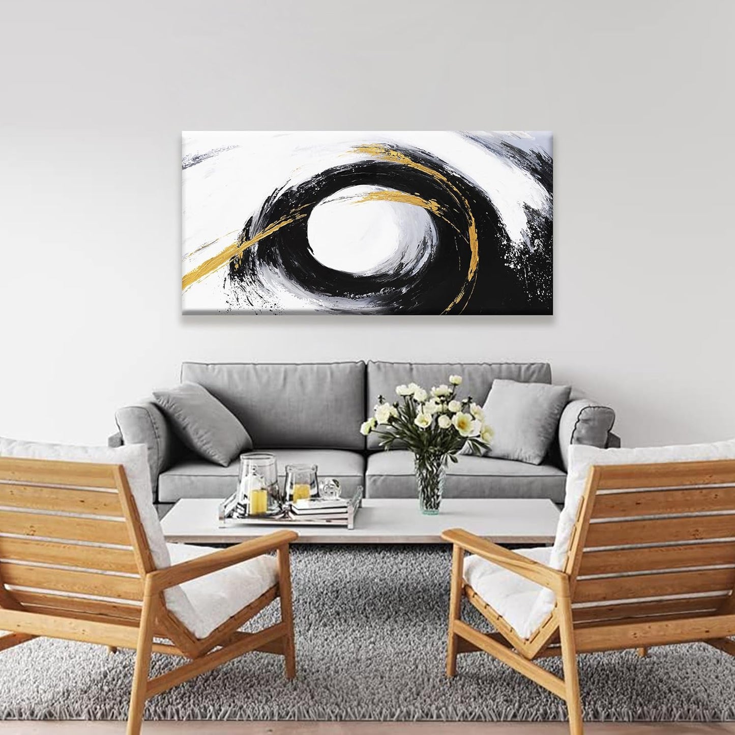 QSQ Black And Gold Wall Art Modern Abstract Wall Decor Canvas Prints Picture White Canvas Art Wall Decor Modern Abstract Wall Artwork Bedroom Living Room Office Home Decoration 24" X 48"