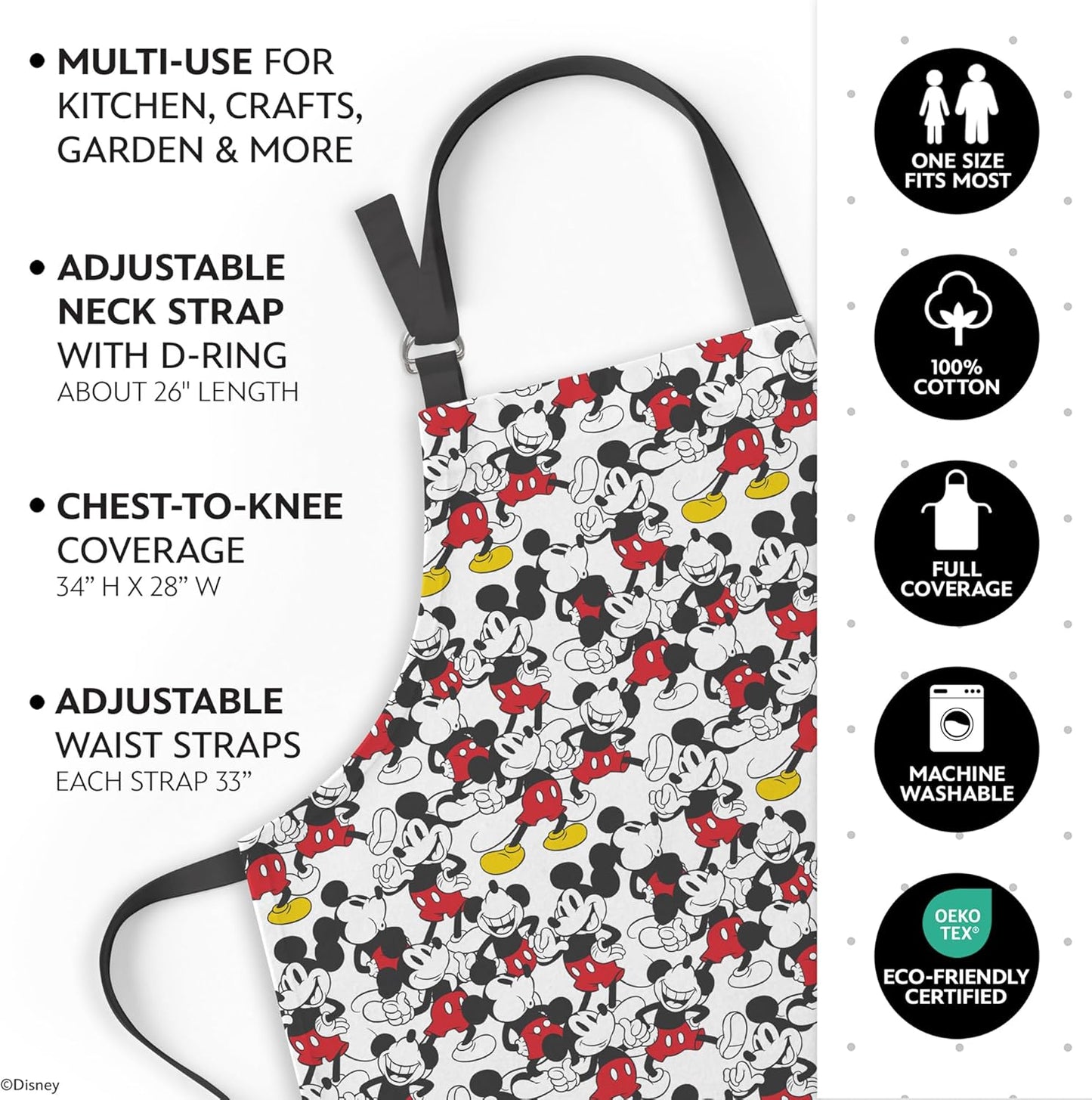 Disney Apron & Oven Mitts Set – 3 Piece Bundle with 1 Cotton Kitchen Apron for Cooking & 2 Heat Resistant Pot Holders