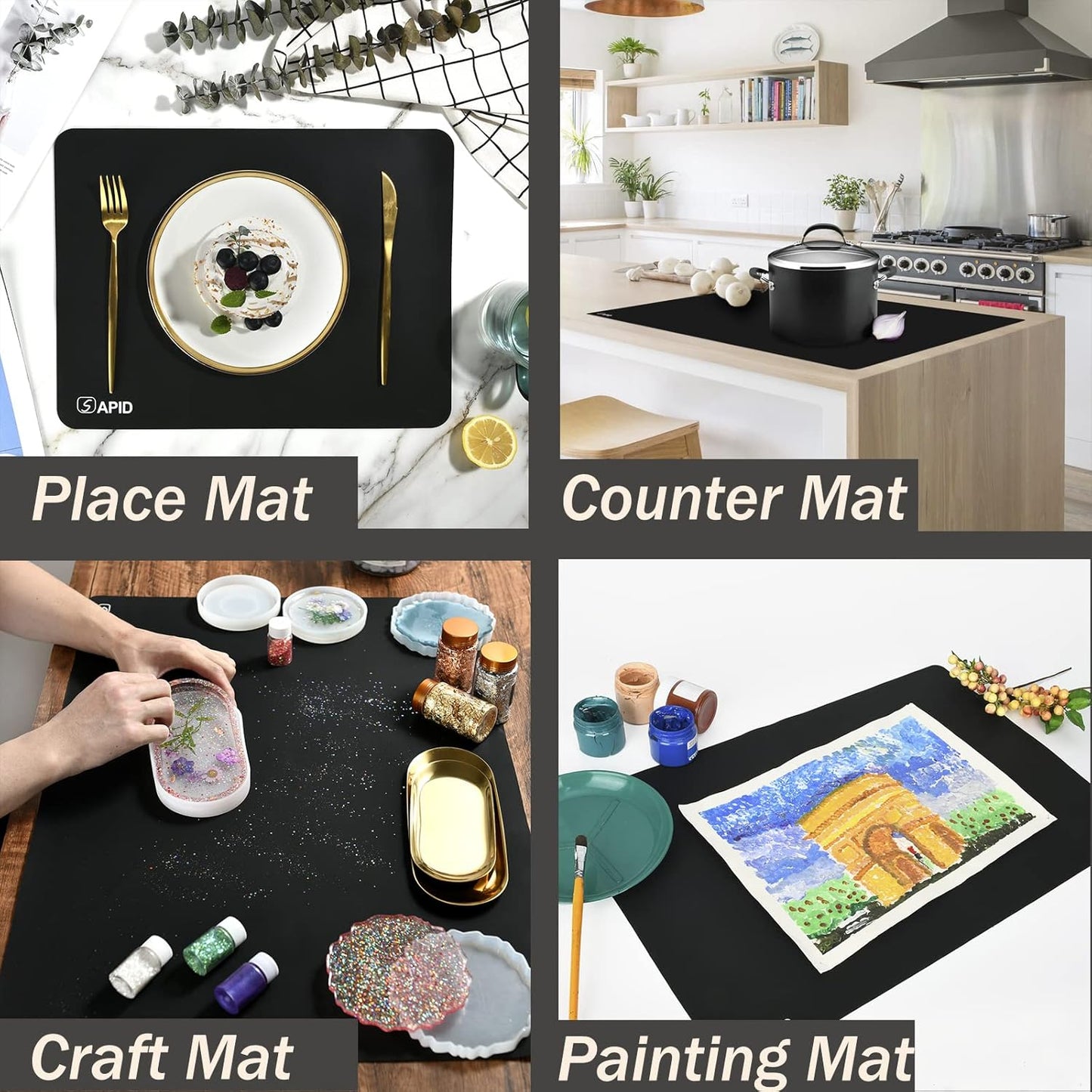 Extra Large Silicone Mat 36" x 24" Place Mats, Heat Resistant Mat for Kitchen Countertop Protector, Thick Placemats Washable Silicone Mats for Kitchen Counter Mat Dining Table Mat, Black, Sapid