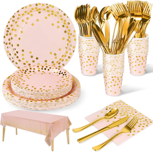 141 Pieces Pink Gold Party Supplies, Party Dinnerware Sets Include Paper Plates Napkins Cups Silverware, for Wedding Bridal Shower Engagement Birthday Parties Decoration -20 Serves