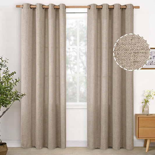 YoungsTex Dark Oatmeal Linen Curtains 84 lnches Length 2 Panels for Living Room, Semi Sheer Drapes with Bronze Grommet Light Filtering Textured Window Treatments for Bedroom Farmhouse, 52 X 84 Inch