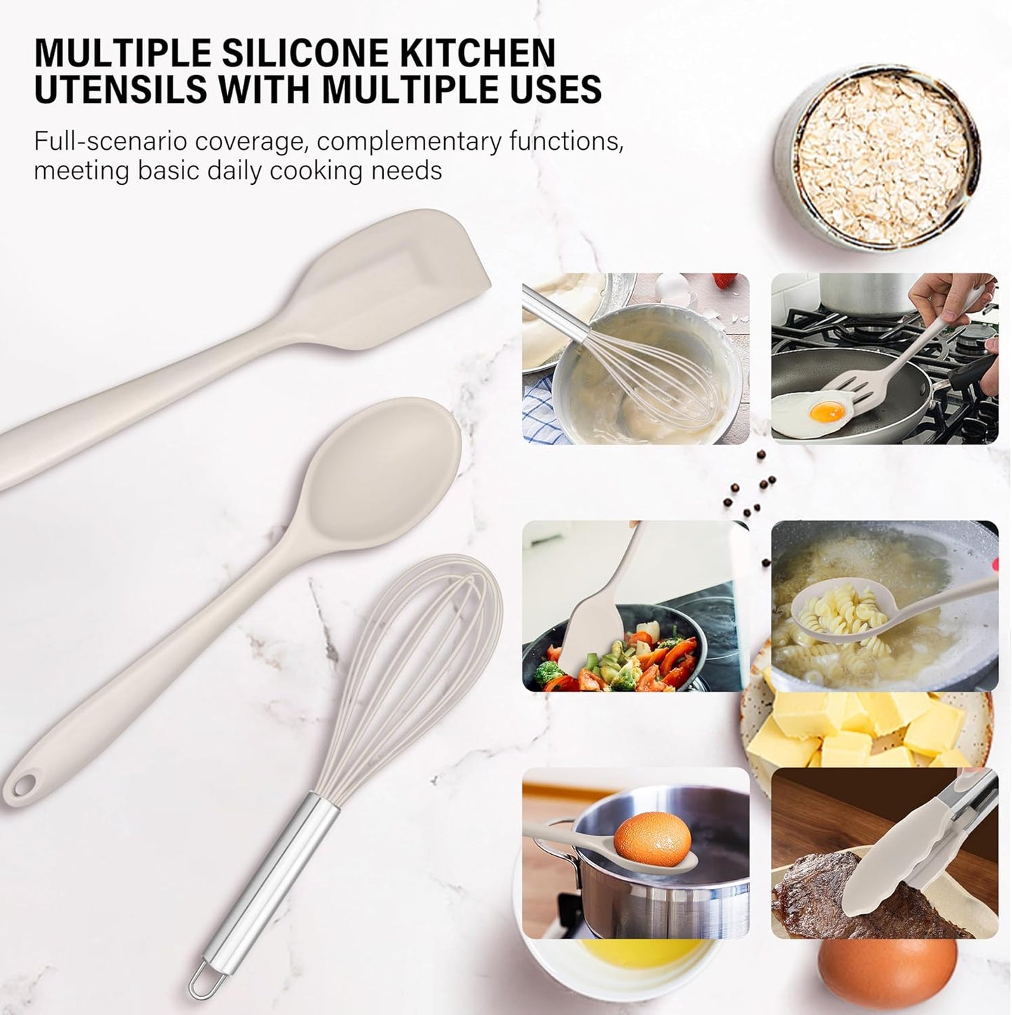 HaWare 11 PCS Silicone Cooking Utensils Set, Heat Resistant Kitchen Utensils with Holder, Food-grade Spatula Sets for Nonstick Cookware, Kitchen Tools Gadgets Include Fish Turner, Spoon (Khaki)