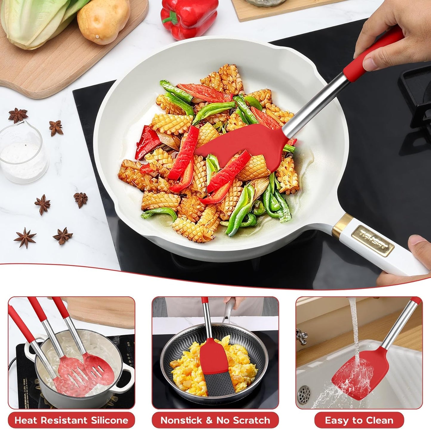 Onader 15 Pcs Silicone Cooking Utensils Set, Red Kitchen Utensils Spatula Set with Holder, Large Kitchen Gadgets Tools for Nonstick Cookware