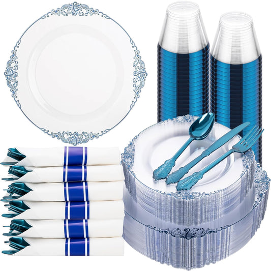 Hioasis 175pcs Clear Blue Plastic Plates - Elegant Disposable Dinnerware Set Suitable for 25 Guests Include 10.25" Dinner & 7.5" Dessert Plates, Pre Rolled Silverware Set, Cups for Party & Wedding