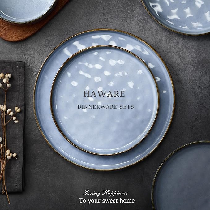 HaWare Dinnerware Sets, 24-Piece Plates and Bowls Set, Stoneware Dish Set for 8, Ceramic Dinnerware for Home Restaurant, Chip and Scratch Resistant, Microwave and Dishwasher Safe, Reactive Blue