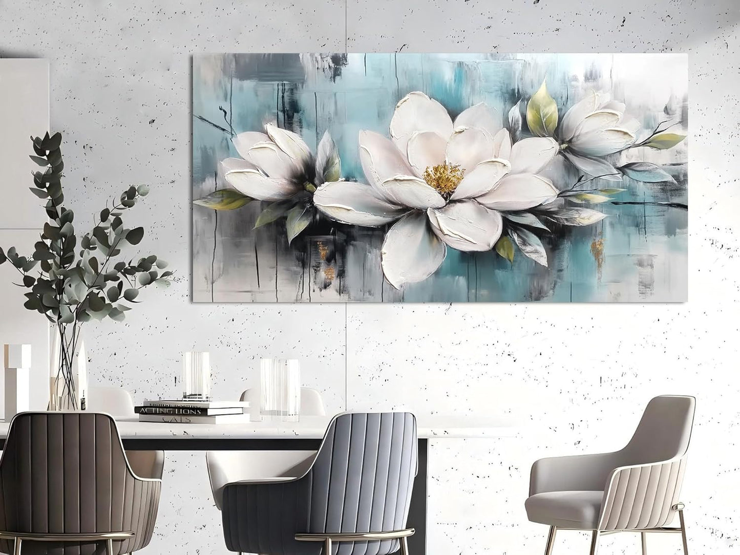 Ardemy Magnolia Wall Art for Living Room, Large White Floral Canvas Wall Art Bedroom Painting Pictures Wall Decor Teal Flower Artwork for Walls Home Office Dining Room, 48"x24"