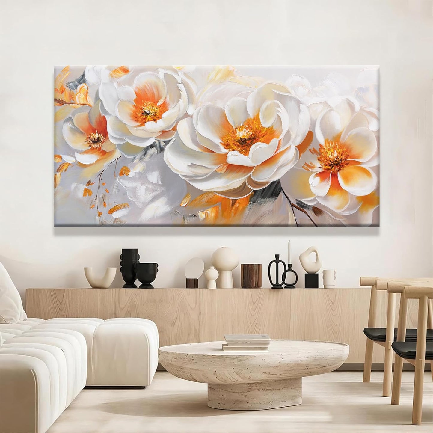 Suconvng Large Wall Art For Living Room Floral Wall Artwork Modern Canvas Art Wall Decor 29" X 58" Painting Orange White Flower Wall Art For Bedroom Home Office Dining Room Home Decoration