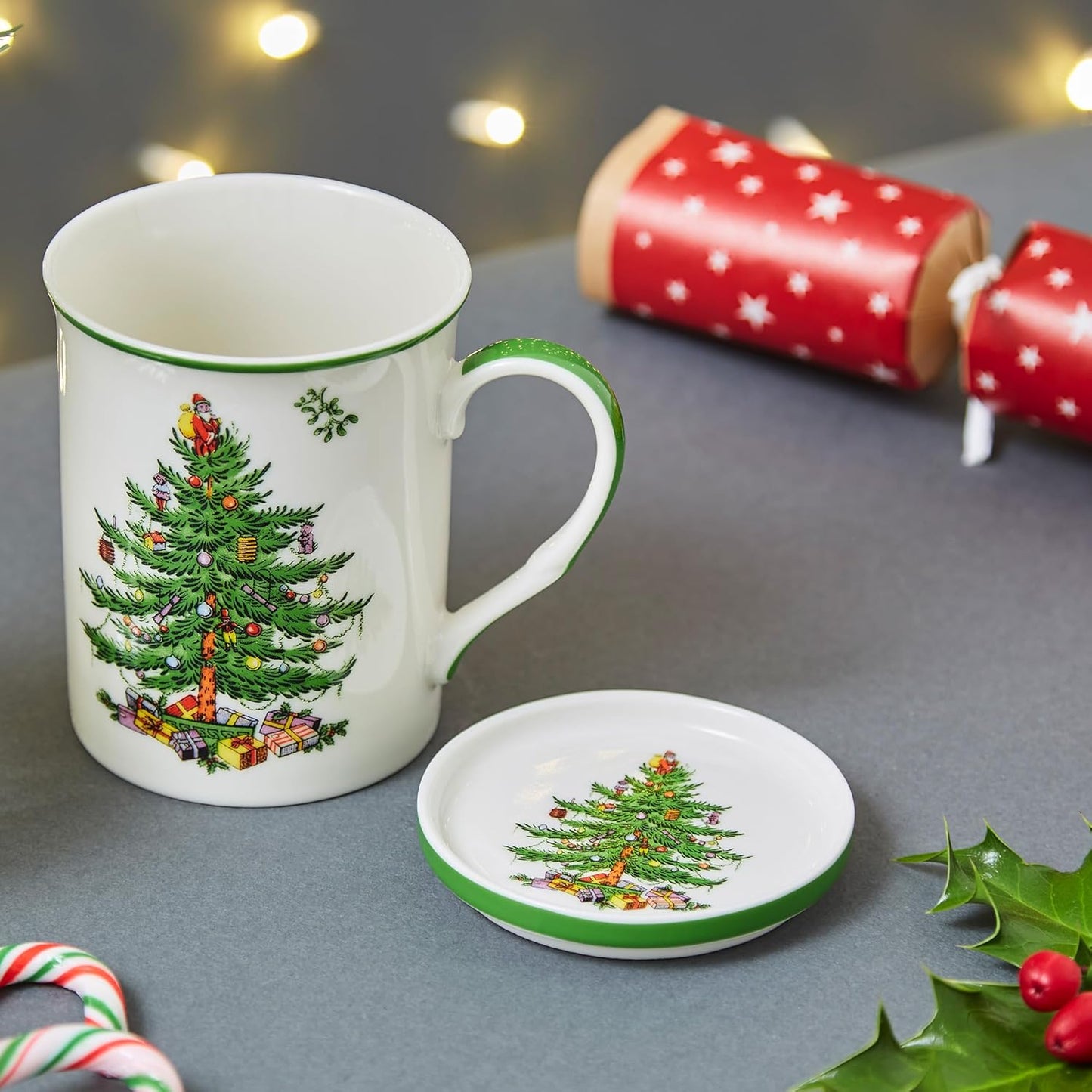 Spode Christmas Tree 12 oz Mug & Coaster Set - Holiday Coffee Cup, Tea Cup, Hot Chocolate Mug, Christmas Drinkware, Festive Tableware, Holiday Gift - Fine Porcelain, Dishwasher & Microwave Safe