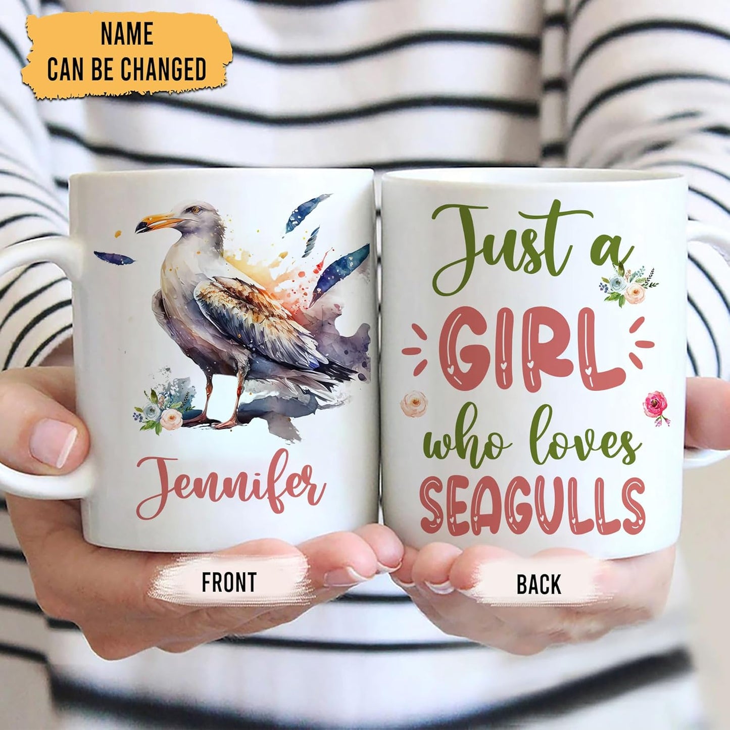 Hyturtle Personalized Gifts Seagull Lover - Just A Girl Who Loves Seagulls Custom Name Ceramic Coffee Mug Cup 11oz - Idea Cute Animal Lover Gifts For Women, Girl On Birthday, Christmas