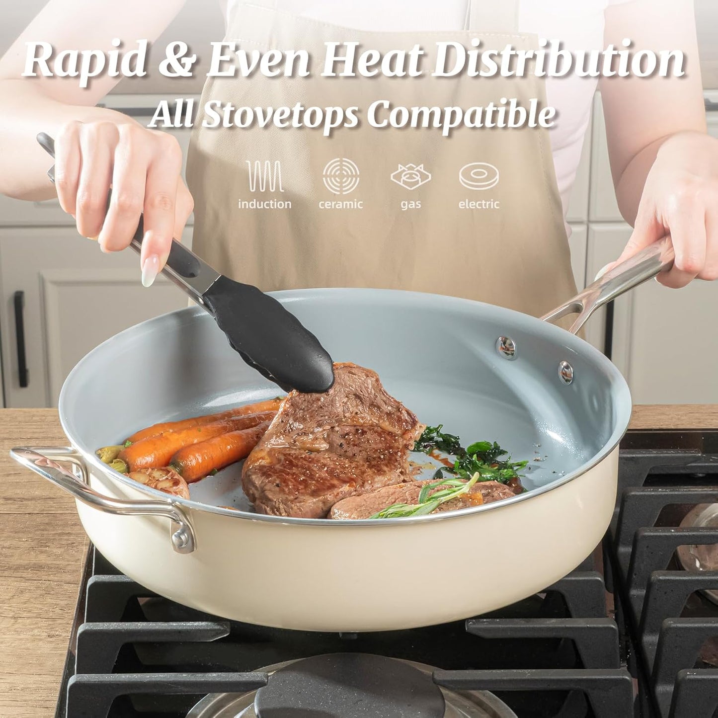 Nonstick Sauté Pan with Lid 5 QT Deep Frying Pan with Stainless Steel Helper Handle 12 inch Large Skillet Ceramic Jumbo Cooker for Healthy Cooking, Induction Compatible Cookware, PFOA Free