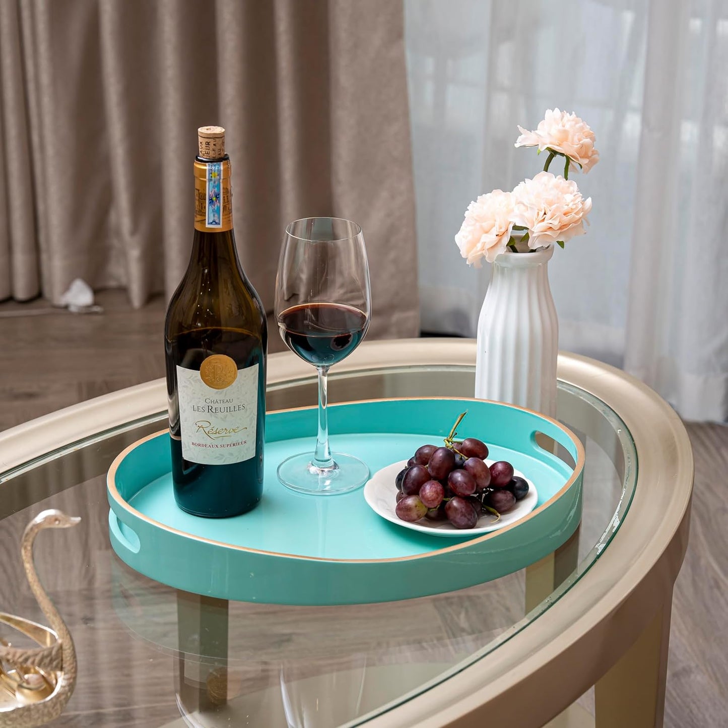 PEMAR 15.7" x 11.8" Oval Lacquer Serving Tray, Handmade Polished Coffee Table Tray w Insert Handles, Luxury Decorative Platters for Dining, Party, Dinner, Breakfast in Bed (Aqua)