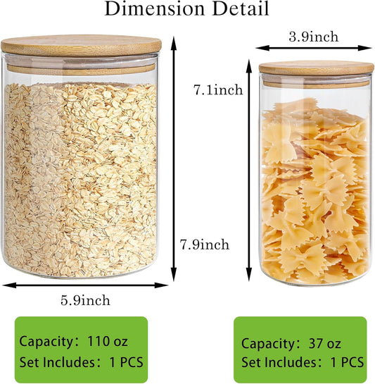 Glass Storage Jars Set Elegant Containers with Airtight Bamboo Lids, Perfect for Kitchen Organization - Flour, Rice, Pasta, Sugar, Coffee Beans, Accessories Included (2 packs(37oz / 110oz))