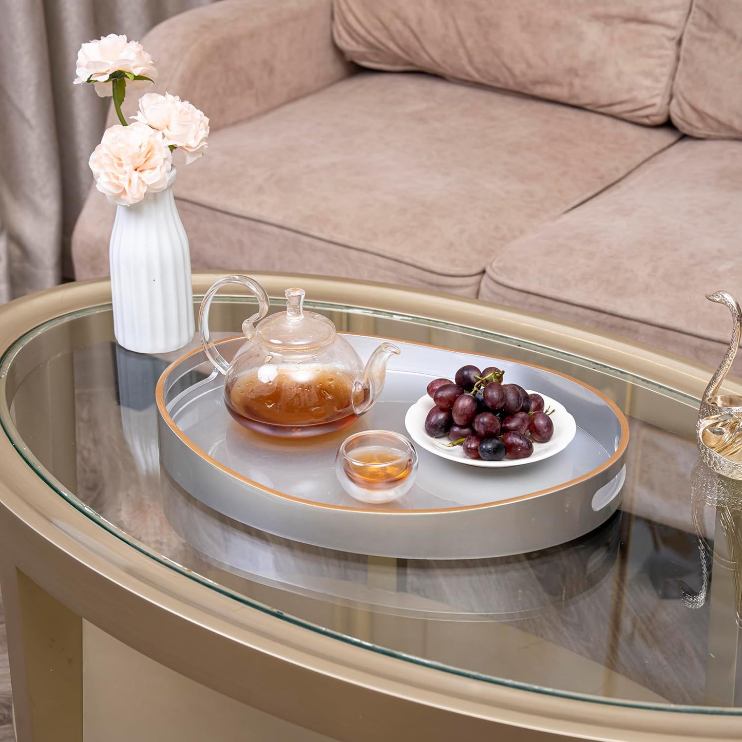 PEMAR 15.7" x 11.8" Oval Lacquer Serving Tray, Handmade Polished Coffee Table Tray w Insert Handles, Luxury Decorative Platters for Dining, Party, Dinner, Breakfast in Bed (Silver)