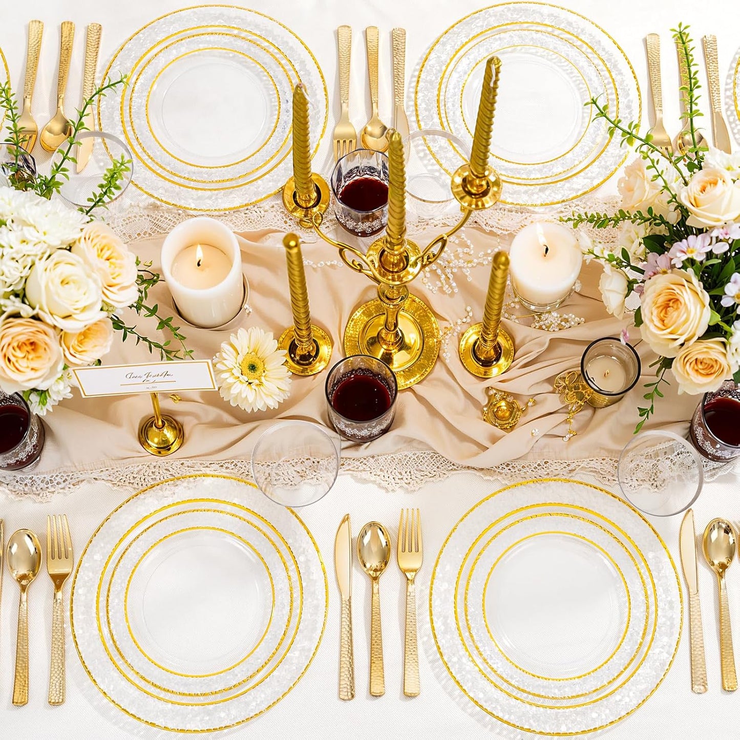 Ciaell 150PCS Clear Gold Plastic Plates - Disposable Gold Rim Plates include 25Dinner Plate, 25Dessert Plate, 25Forks, 25Knives, 25Spoons, 25Cups for Wedding & Party & Thanksgiving