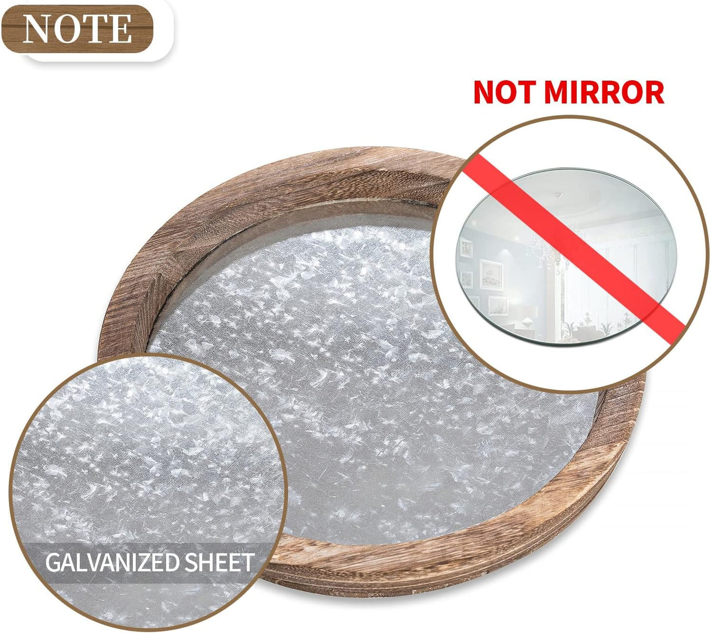 Hanobe Round Wood Decorative Tray: Set of 2 Farmhouse Wooden Galvanized Trays for Coffee Table Centerpiece Rustic Vintage Candle Platter for Ottoman Home Decor Kitchen Bathroom Bar Countertop