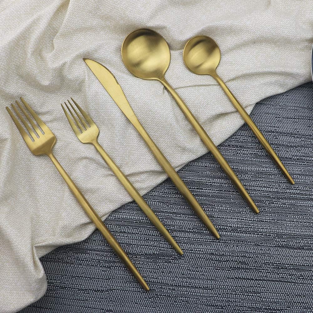 JASHII Luxury Gold Flatware, Silverware Sets, 5-piece Elegant Cute 18/10 Stainless Steel Silverware Set for Eating Home Kitchen Hotel Restaurant, Service Sets for 1 People, Dishwasher Safe