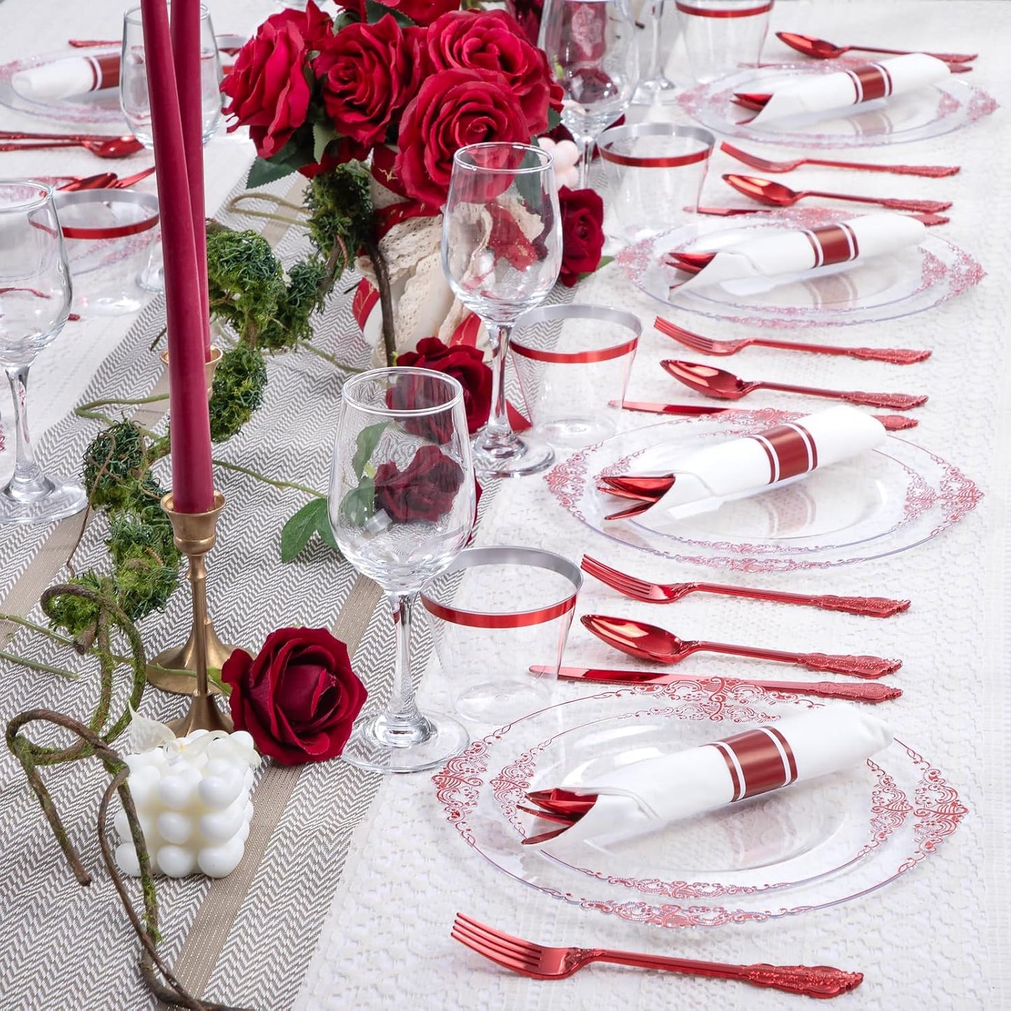 Hioasis 175pcs Clear Red Plastic Plates - Elegant Disposable Dinnerware Set Suitable for 25 Guests Include 10.25" Dinner & 7.5" Dessert Plates, Pre Rolled Silverware Set, Cups for Party & Wedding