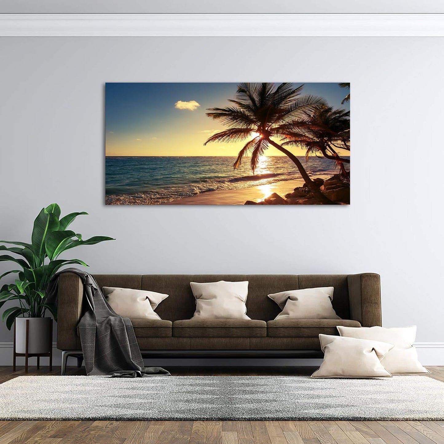 Muolunna S04962 Wall Art Decor Large Canvas Print Picture Sunset Ocean Beach Waves 1 Panel Coconut tree Scenery Painting Artwork for Office Home Decoration Stretched and Framed Ready to Hang XLarge
