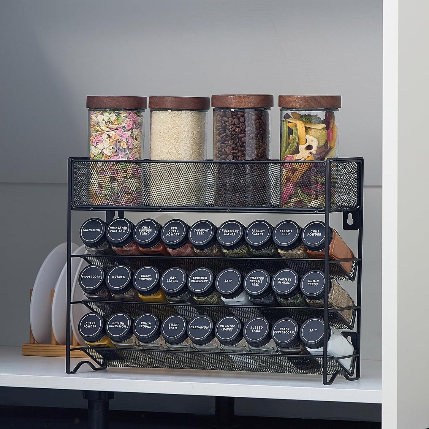 Spice Rack Organizer with 27 Spice Jars with Black Lids, Funnel, Spice Labels, Pen, Seasoning Organizer for Cabinet, Countertop, Pantry, Kitchen,Cupboard or Door & Wall Mount