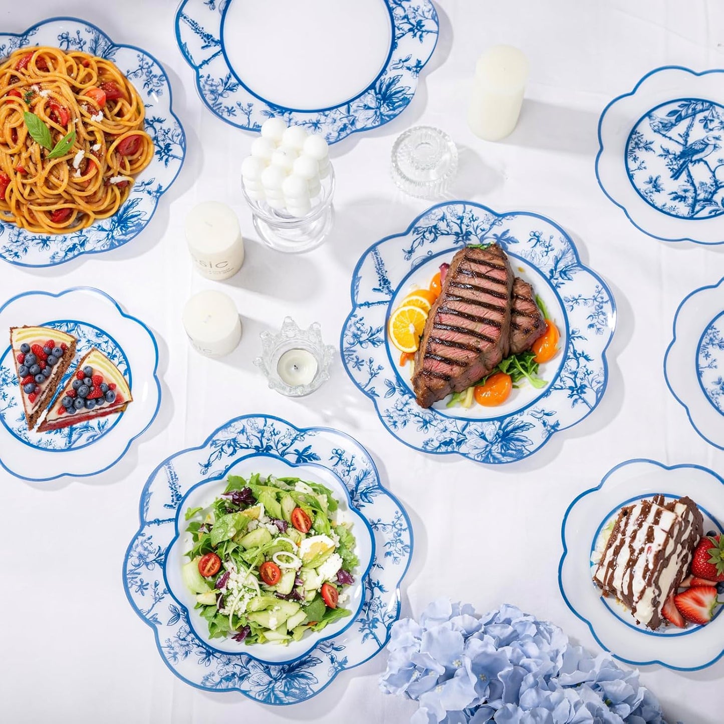LIYH 60 Pcs Blue Plastic Plates Set - Heavy Duty Floral and White Plastic Plates for Party Wedding Elegant Plate Bridal Shower Floral Dinnerware Set - 10.25" Dinner & 7.5" Dessert Plate