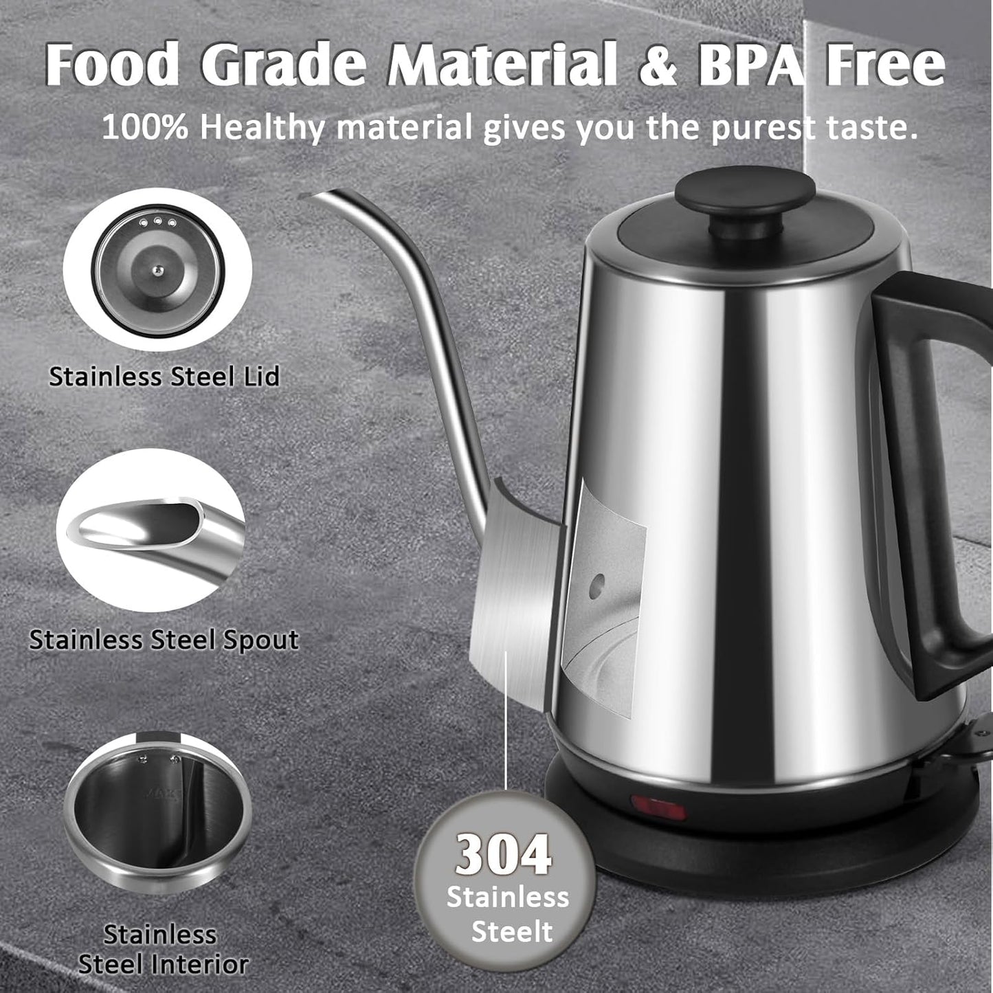 1L Electric Gooseneck Kettle, Tea Kettle for Boiling Water, Gooseneck Electric Kettle for Coffee & Tea, Fast Boiling for Pour Over, Auto Shut-Off, Boil-Dry Protection, 360° Rotational Base - Silver