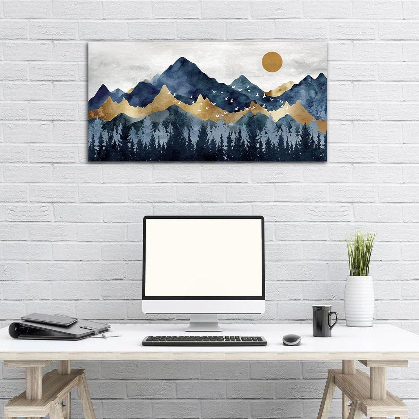 Abstract Nordic Canvas Wall Art - Indigo Blue and Brown Mountain Forest Picture Wall Decor Sun Birds Canvas Painting Nature Landscape Prints Artwork for Living Room Bedroom Decoration 20" x 40"